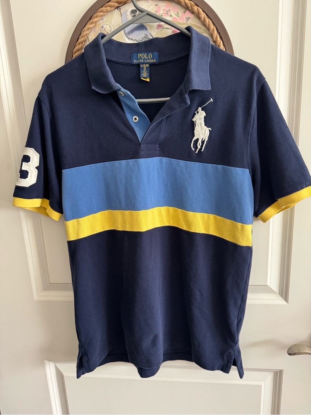 Boys Polo - Ralph Lauren Navy Polo with Light Blue/ Yellow